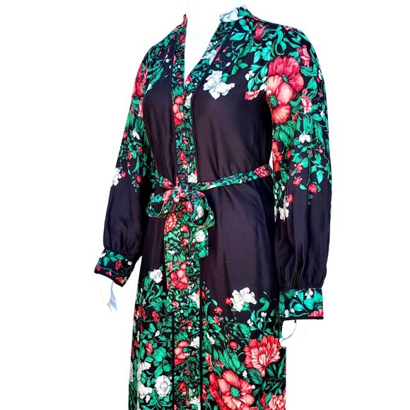 Anthropologie Bohemian Midi Shirt Dress 12 Long Sleeve Black and Green Floral - Picture 9 of 12